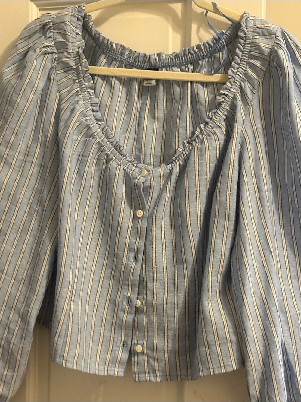 Light Blue Striped Button-Front Peasant Blouse